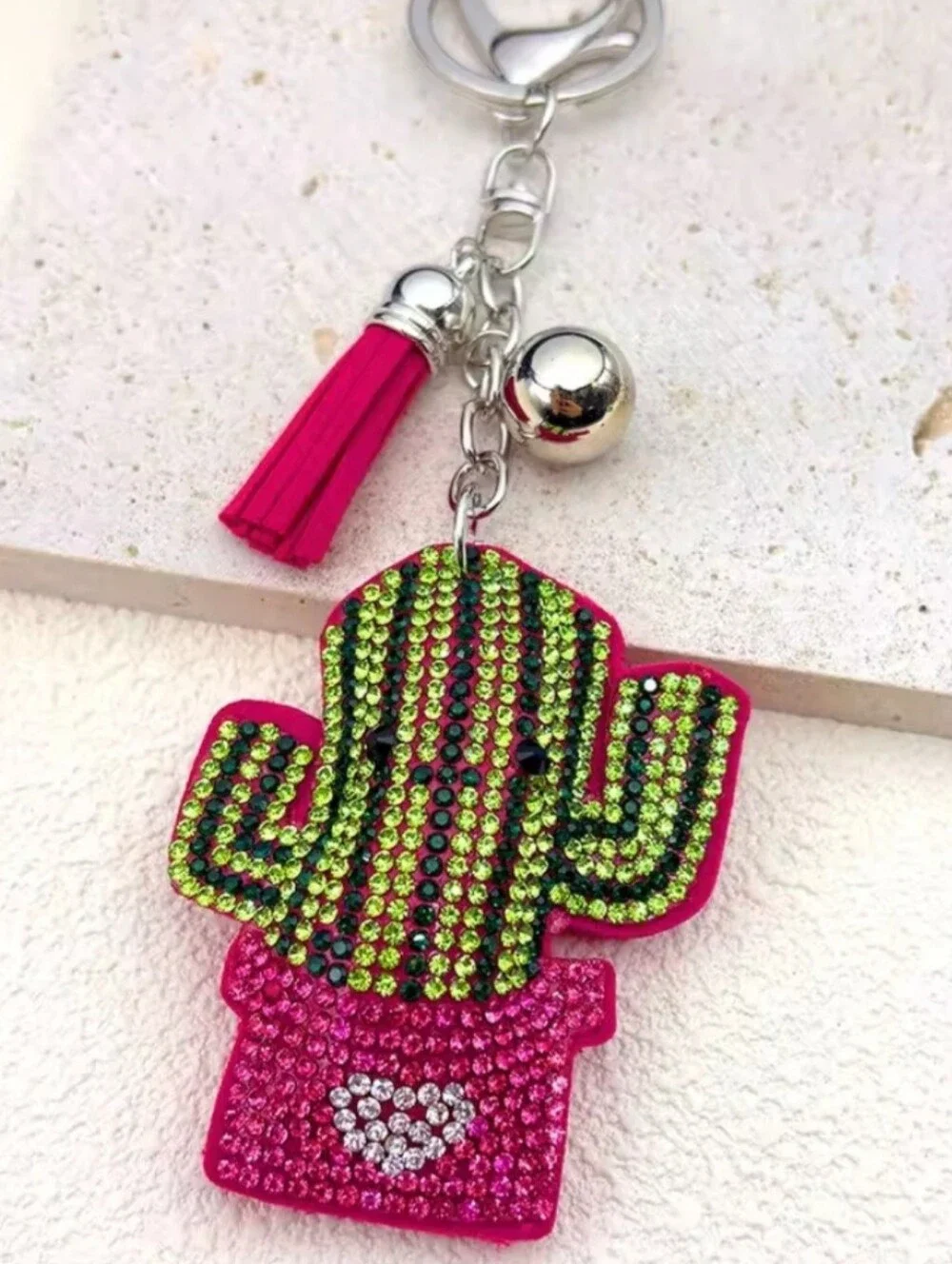 Western Cactus Crystal Rhinestone Keychain Bag Charm With Pink Tassel